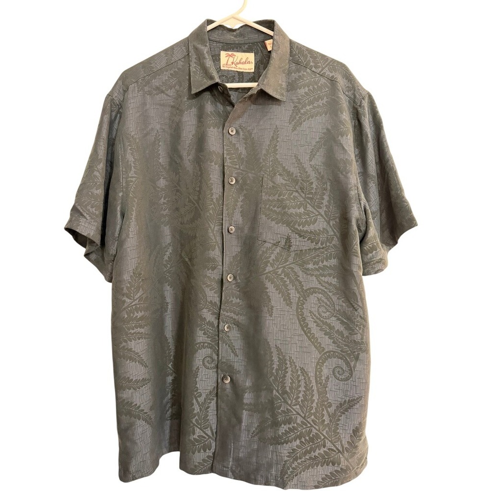 Kahala Men Aloha Shirt Large Gray Tonal Botanical Fern Paisley Polynosic Rayon L